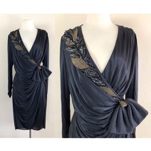 vintage 70s 80s disco wrap dress beaded sequins glam cocktail lbd plunge evening